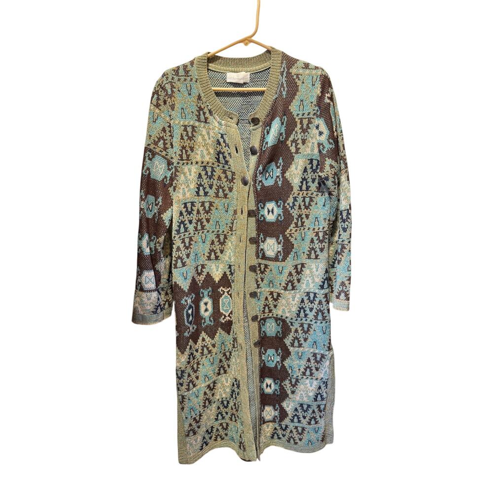 VTG Soft Surroundings Aztec Print Long Cardigan w/Metal Buttons Size S